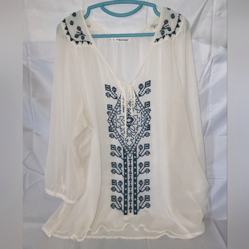 Maurice's 3x transparent top with beautiful turquoise embroidery